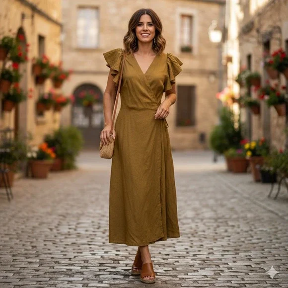 NEW Madewell Linen Blend Ruffle Sleeve Wrap Midi Dress Antique Gold NF934 Small - Picture 1 of 8